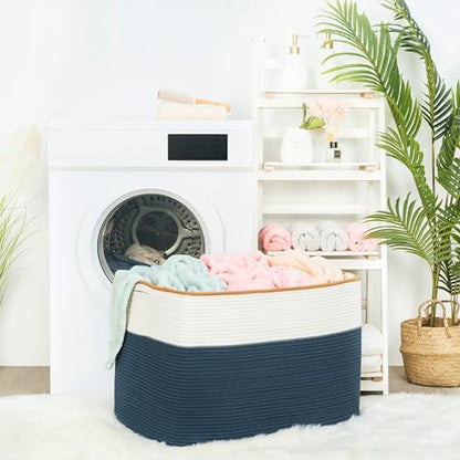 MINTWOOD Design 112L Extra Large Blanket Basket Holder Living Room, 25"x17"x16" Rectangle Rope Woven Storage Basket with Handles for Laundry, Towels, Shoes, Dog Toy Organizer Bin Box, Prussian Blue - color: Prussian Blue