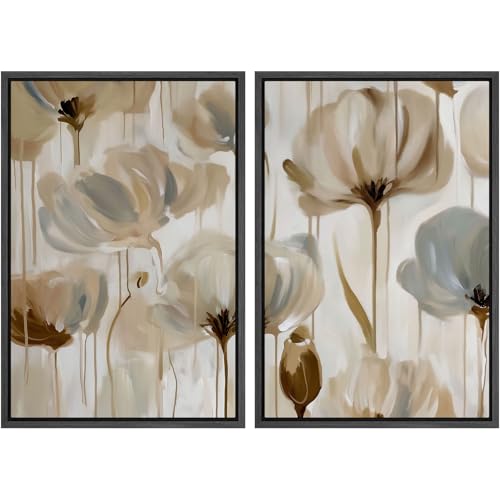 SIGNWIN Framed Canvas Print Wall Art Set Soft Beige Floral Abstracts Illustrations Minimal Decorative Contemporary Zen for Living Room, Bedroom, Office - 16"x24"x2 Black - color: B16-2603-irs06, size: 16"x24"x2 Panels Black