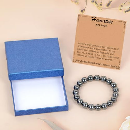 LPBeads Handmade Natural Gemstone Stretch Elastic Bracelet Healing Crystal Round Stone Beads Jewelry Gifts for Women Men - color: Hematite, size: 10mm
