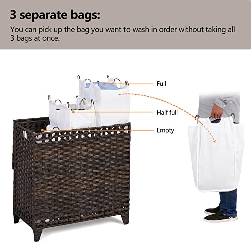 Laundry Hamper with 3 Removable Liner Bags; 132L Handwoven Rattan Laundry Basket with Lid & Heightened Feet; Clothes Hamper with Side Handles; Laundry Sorter with 3 Separate Sections