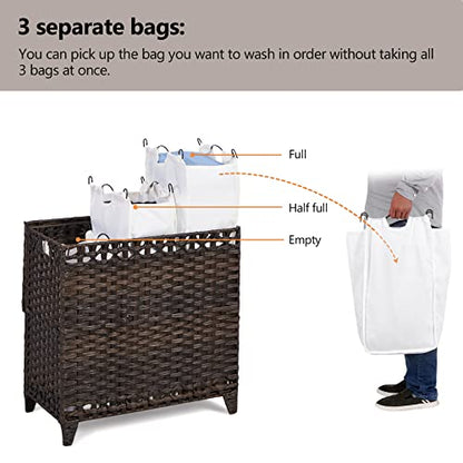 Laundry Hamper with 3 Removable Liner Bags; 132L Handwoven Rattan Laundry Basket with Lid & Heightened Feet; Clothes Hamper with Side Handles; Laundry Sorter with 3 Separate Sections
