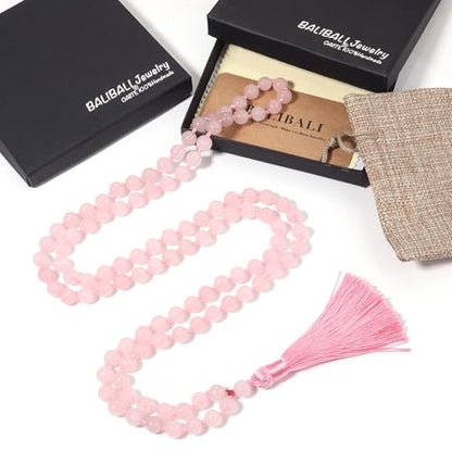8MM Beads Chakra Long Mala Necklace Natural Stone Meditation Statement Necklace Japa Yoga Buddhist Rosary Prayer Charm Beaded Tassel Necklace - color: Rose Quartz