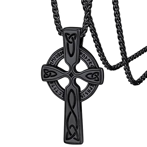 FaithHeart Norse Viking Rune Necklace with Adjustable Braided Leather/Stainless Steel Rope Chains for Men Women, Vintage Amulet Jewelry Gift with Delicate Box - color: 04. Celtic Cross-Black