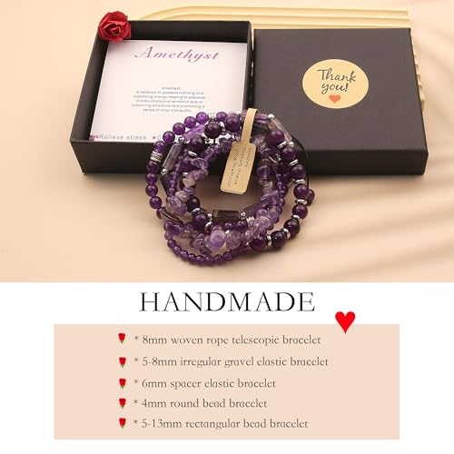 5Pcs Healing Crystal Bracelet for Women Men, Handmade Adjustable Gemstone Bracelets Beaded Reiki Energ Bracelet Set Jewelry Gifts for Women Men - color: Amethyst
