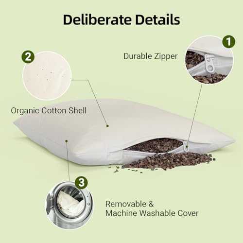 USlixury Organic Buckwheat Pillow for Sleeping with Extra Organic Pillowcase and Hulls, 20"X26" Buckwheat Hull Pillow, Adjustable Height and Firmness, Firm Neck Support for Side Sleepers, Cool, White - size: 20"X26"