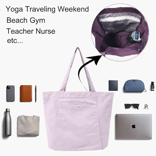 Yoga Mat Bag for Women, 100% Cotton Canvas Tote with Wet/Dry Pocket, Bottle Holder and Inner Zipper Pocket, 25L Carrier for Pilates and Travel - color: Lilac