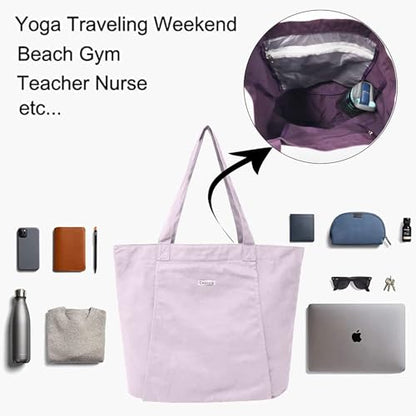 Yoga Mat Bag for Women, 100% Cotton Canvas Tote with Wet/Dry Pocket, Bottle Holder and Inner Zipper Pocket, 25L Carrier for Pilates and Travel - color: Lilac