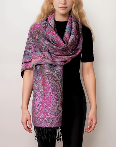 Achillea Reversible Paisley Pashmina Rave Scarf – Exotic Indian Shawls and Wraps for Evening Dresses, Festivals, All Seasons - color: Tapestry Fuchsia