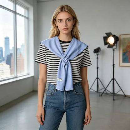Sweater Shawl Wraps for Women Fashion Knitted Shoulder Shawls Ponchos Casual Sweaters Scarf Cape Wraps with Sleeves - color: 09 Skyblue/White Trim