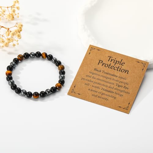 Healing Crystal Bracelet for Women, Natural Stone Beaded Healing Crystal Bracelet Triple Protection Stress Relief Beads Jewelry Birthday Gifts Jewelry for Her - style: Triple Protection