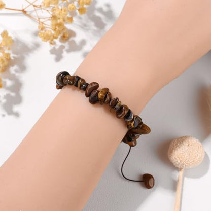 Adjustable Natural Small Gemstone Beaded Bracelet Gravel Beads Crystal Healing Bracelet for Women Reiki Spiritual Jewelry Gifts - color: Tiger Eyes, size: Gravel Beads