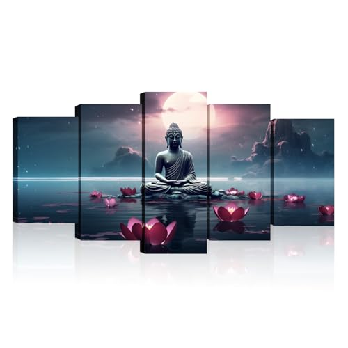 Buddha Canvas Wall Art 5 Piece Zen Wall Decor Pink Lotus Prints Meditation Picture for Yoga Spa Spiritual Room Home Decor Framed(Picture-5,8x14inx2 8x18inx2 8x22inx1) - color: Picture-5, size: 40x22 inch