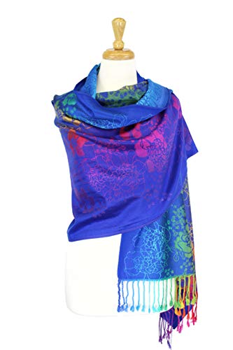 PASKMLNA Double Side Multi Colors Silky Tropical Colorful Exotic Pashmina Wrap Shawl Scarf Rave - color: 051-royal Blue Multi Feathers