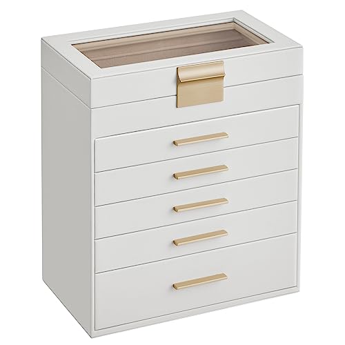SONGMICS GISELLA Collection - Jewelry Box Organizer, 6-Layer Jewelry Storage with 5 Drawers, Shiny Metal Hardware, Glass Lid, Modern, 6.4 x 9.9 x 11.4 Inches, Cloud White and Gold Color UJBC171W01 - color: Cloud White + Gold, size: 6 Layer (6.4"d X 9.9"w)