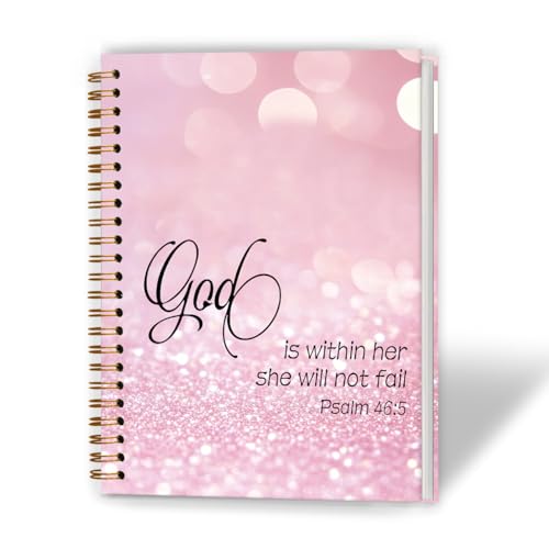 XUNLURY Pretty Pink Christian Notebook, Church Notes Notebook, Psalm 46:5 Spiral Notebooks 5.5x8.3 Inch,God is Within Her She Will Not Fall Prayer Bible Journal for Woman - color: Color_A
