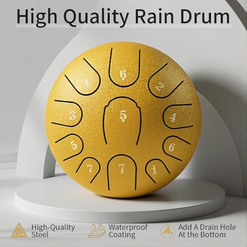 Rain Drum for Outside Garden,Steel Tongue Drum 6 Inche 11 Note Steel Drums Rain Chime,with Soft Bag,Music Book (Yellow, 6 Inch 11 Note) - color: Yellow, size: 6 Inch 11 Note