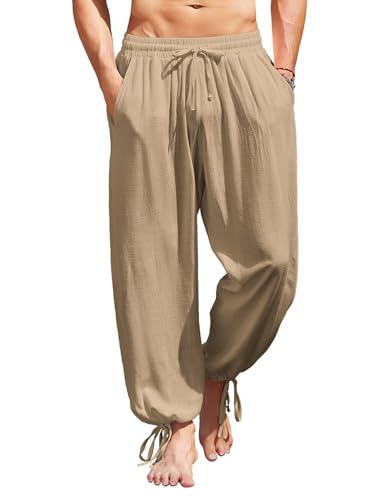 COOFANDY Men's Cotton Linen Pants Casual Harem Pants Elastic Waist Beach Boho Yoga Trousers - color: Dark Khaki, size: Small