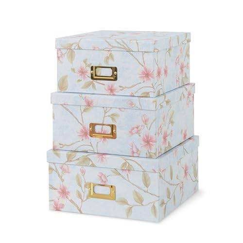 Soul & Lane Decorative Cardboard Storage Boxes - Set of 3 Square Stacking Boxes with Lids and Gold Label Holders, Nesting Photo Storage for Decor and Organizing, Pale Blue - color: Pale Blue