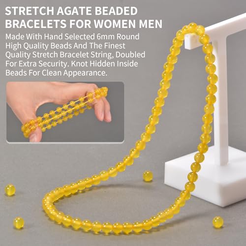 14in Agate Wrap Bracelet for Women Men Natural Round Beaded Agates Stone Healing Stretch Bracelets Elastic Handmade Polished Gemstone Beads Bracelet - color: Yellow Agate, size: 6mm Beads