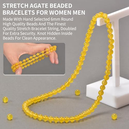 14in Agate Wrap Bracelet for Women Men Natural Round Beaded Agates Stone Healing Stretch Bracelets Elastic Handmade Polished Gemstone Beads Bracelet - color: Yellow Agate, size: 6mm Beads