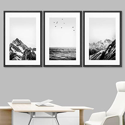 NWT Framed Canvas Print Wall Art Set Black White Snowy Winter Mountain Landscape Nature Wilderness Photography Modern Art Rustic Scenic Relax/Calm for Living Room, Bedroom, Office - 16"x24"x3 Black - color: A02-2203-fo18, size: 16" x 24" x 3 Panels BLACK