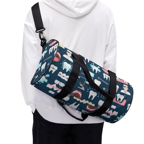 Teeth Dental Seamless Pattern Cylindrical Portable Fitness Bag, Large Capacity Handbag - color: Teeth Dental Seamless Pattern