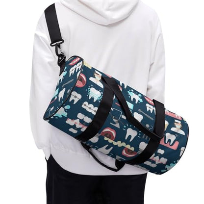 Teeth Dental Seamless Pattern Cylindrical Portable Fitness Bag, Large Capacity Handbag - color: Teeth Dental Seamless Pattern