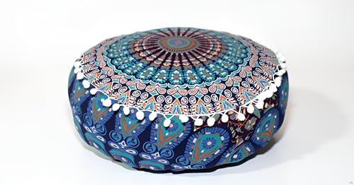 CRAFT KALA Blue Peacock Large Hippie Mandala Meditation Floor Ottoman Pillow Cushion Pouf Cover Square Poufs Bohemian Circle Floor Cushion Case Outdoor Fireplace Yoga Living Room Decor Cover 24" Round - color: Blue, size: 24"D x 24"W x 5"H
