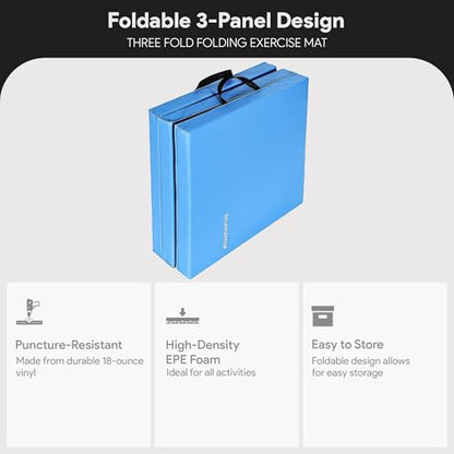 BalanceFrom 6x2 Feet 3-Panel Folding Gymnastics Mat – 2-Inch Thick Pad with Vinyl Surface and Carrying Handles for Tumbling, Yoga, Pilates, Home Workouts, and Martial Arts - color: Blue2