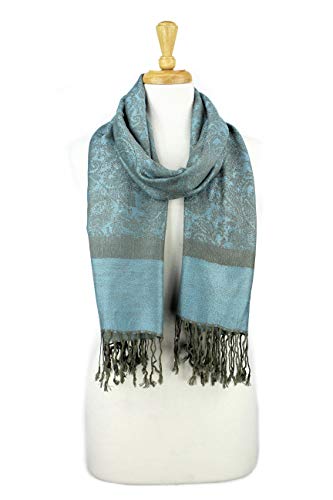 PASKMLNA Paisley Jacquard Pashmina Shawl Wrap Scarf Stole - color: Olive Light Blue