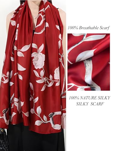Large Shawl Scarf For Women Lightweight Wraps Silky Headscarf Long Sunscreen Scarfs - color: T19 Red Peony / 70"x 35"