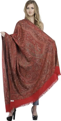 Exotic India Reversible Jamawar Shawl with Woven Paisleys - Wool - color: Maroon