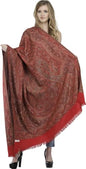Exotic India Reversible Jamawar Shawl with Woven Paisleys - Wool - color: Maroon