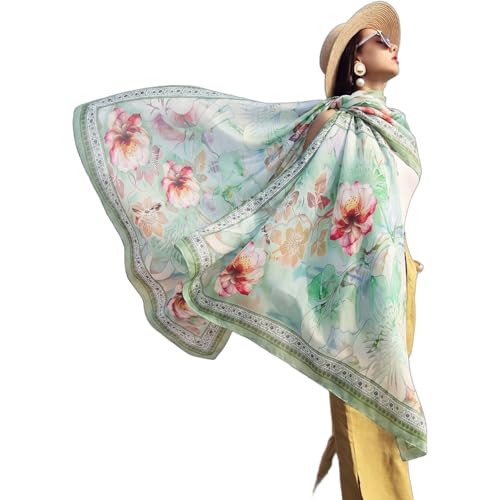 100% Mulberry Extra Large Silk Pashmina Scarf Shawls And Wraps For Women Evening Dress Summer Travel Floral Blanket - color: Light Green Floral