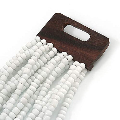 Avalaya White Glass Bead Multistrand Flex Bracelet With Wooden Closure - 19cm L