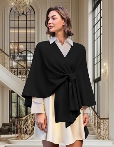 PULI Women's Elegant Shawl Wraps Soft Open Front Poncho Sweater for Spring Fall Winter - color: A Gift Box Black