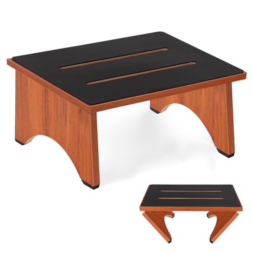 Step Stool Foldable, Wooden Step Stool with Non-Slip Rubber Stepping Feet, Folding Platform Step Stools for Adults Seniors in Kitchen, Home, Bedroom, Office, Rv, Easy to Carry,450 LBS Capacity (Brown)