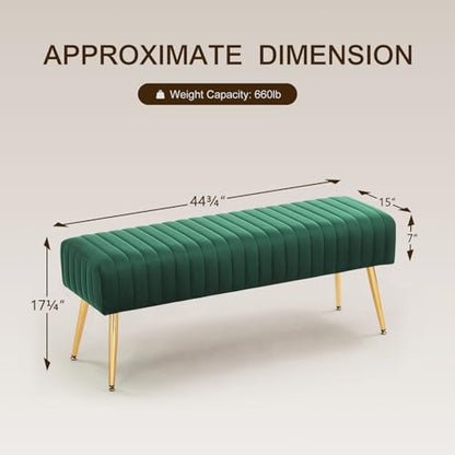 Furnimart 44 Inch Green Velvet Bench Ottoman Comfortable Footrest Stool Table Bench Dining Bench Tufting Bench Indoor Bench with Gold Legs for Living Room Bedroom Entryway (Velvet-Green) - color: Velvet-green