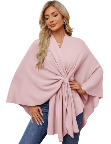 PULI Women's Elegant Shawl Wraps Soft Open Front Poncho Sweater for Spring Fall Winter - color: Front Tab-pink