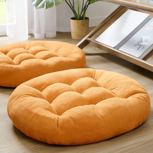 Floor Cushion Pillow Set of 2, Round Large Pillows Seating for Adults, Tufted Corduroy Cushions for Living Room Tatami, Orange Yellow, 22 Inch - color: Round | Orange Yellow | 2 Pack, size: 2 Pack