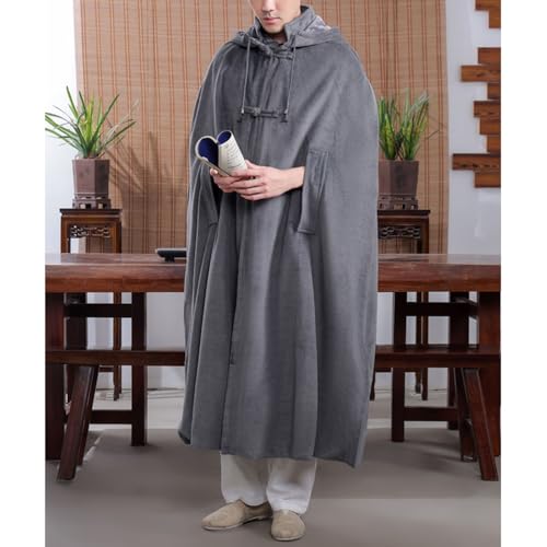 Meditation Prayer Hooded Cloak Long Button Down Unisex Cape Double Layer Warm Medieval Coat Poncho - color: Gray, size: Medium