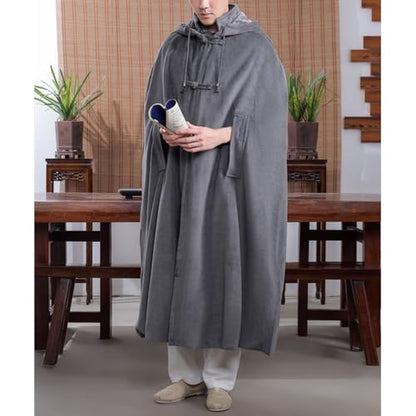 Meditation Prayer Hooded Cloak Long Button Down Unisex Cape Double Layer Warm Medieval Coat Poncho - color: Gray, size: Medium