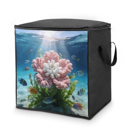 Coral Flowers And The Sun Sea Storage Bag Portable Closet Organizer Storage Bags Quilt Storage Bags with Zippered Breathable Storage Bag with Carry Handles for Blanket Pillow Bedding