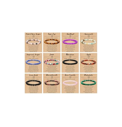 BOMAIL 12PCS 6MM Gemstones Beaded Bracelet for Women Healing Crystal Stone Bracelets Round Beads Semi-Precious Stretch Bracelet Set Unisex Jewelry