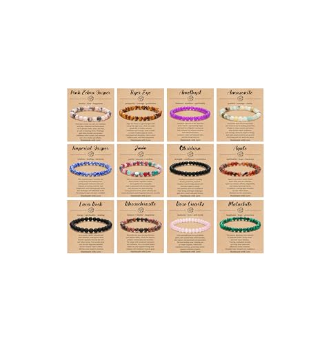 BOMAIL 12PCS 6MM Gemstones Beaded Bracelet for Women Healing Crystal Stone Bracelets Round Beads Semi-Precious Stretch Bracelet Set Unisex Jewelry