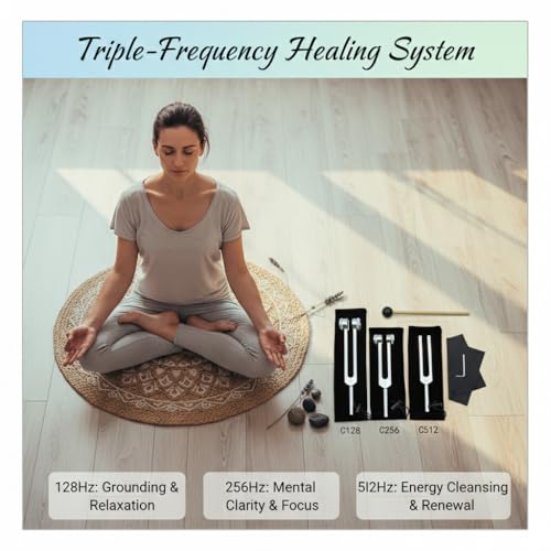 Tuning Forks for Healing Set (128Hz, 256Hz, 512Hz), Tuning Fork with Reflex Hammer for Healing/Frequency Instrument/Sound Therapy/Chakra/Yoga and Meditation Tools (Silvery), Stress Relief Gift