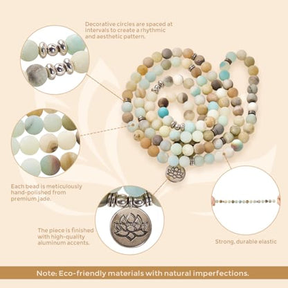 Natural 108 Mala Amazonite Beads Yoga Necklace with Lotus Pendant, Gemstone Beads Wrap Bracelet for Meditation & Mindfulness, Stretch Prayer Beads Necklace for Women & Men, Stress Relief Mother's Day Spiritual Gifts, Includes Gift Box - 6mm