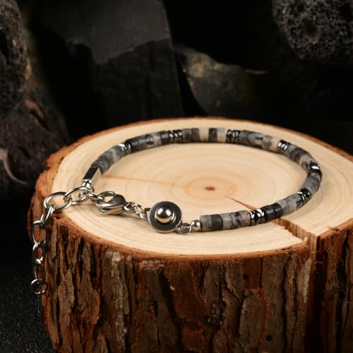 Men's Hematite & Black Grid Stone Beaded Bracelet, Adjustable Stainless Steel, Thickened Steel Wire Handmade Original Rugged Jewelry, Birthday Gift for Dad & Boyfriend
