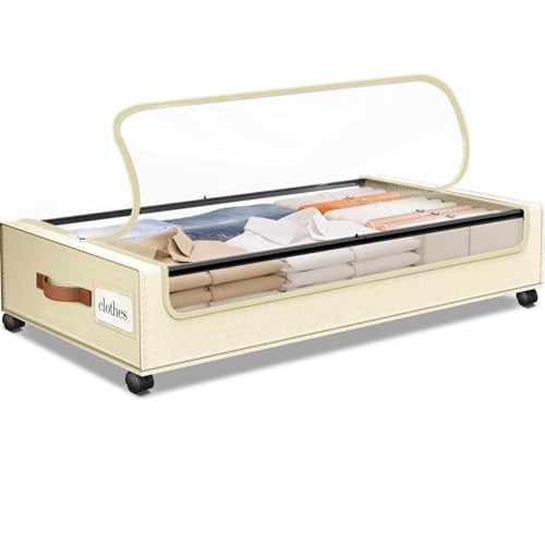 SpaceHacks Under Bed Storage with Wheels 1Pack Underbed Storage with Clear Window&Label Under Bed Drawers Large Capacity Rolling Under Bed Storage for Clothes,Shoes, Blankets (Beige) - color: Beige, size: 1 Pack