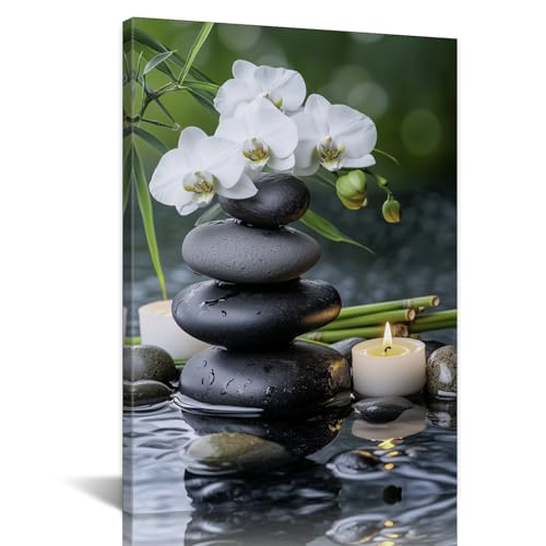 SANGGUOBIN Zen Wall Art Black Stone Green Bamboo White Frangipani Flower Canvas Meditation Still Life Prints Modern Relax Art Poster for Spa Yoga Room Bedroom Decor(Green-2,20x30inch) - color: Green-2, size: 20x30inch